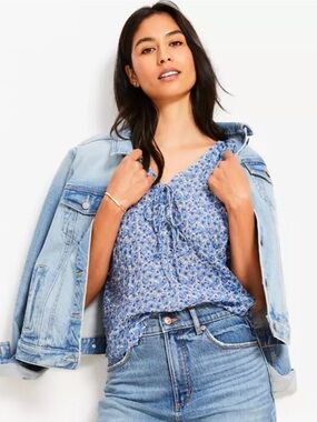 LOFT Blue Floral Tie-Front Blouse